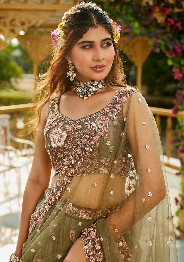 Olive Sequin Embroidered Satin Lehenga Set With Dupatta