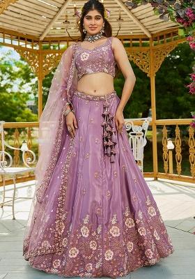 Rose Gold Sequin Embroidered Satin Lehenga Set With Dupatta