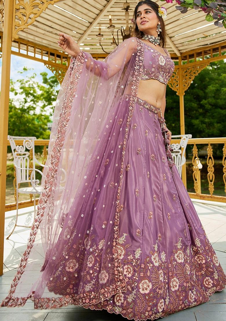 Rose Gold Sequin Embroidered Satin Lehenga Set With Dupatta