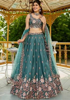 Teal Sequin Embroidered Satin Lehenga Set With Dupatta