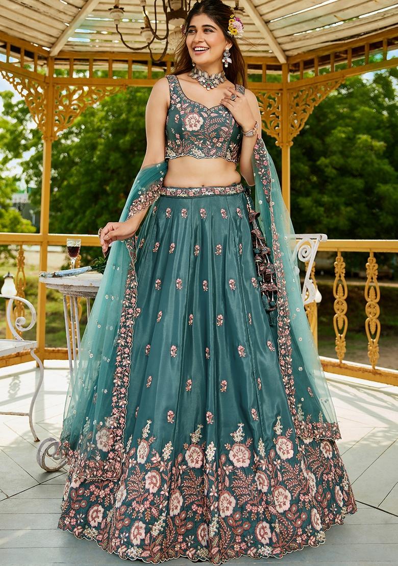 Teal Sequin Embroidered Satin Lehenga Set With Dupatta