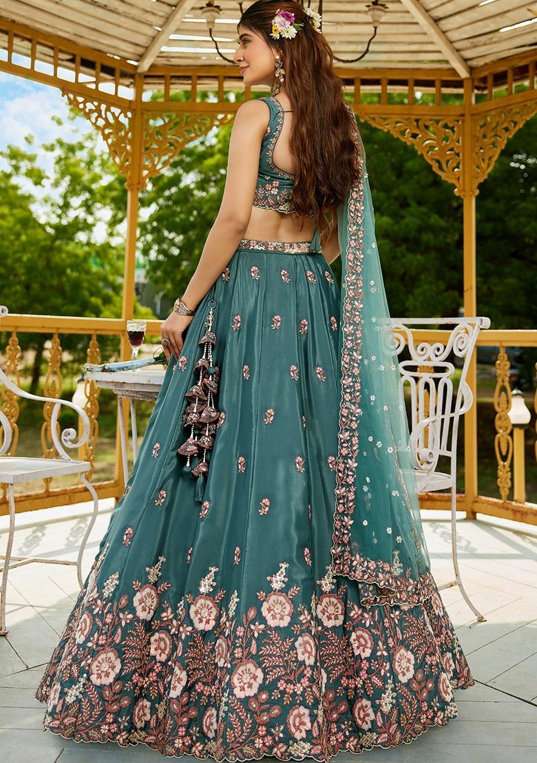 Teal Sequin Embroidered Satin Lehenga Set With Dupatta