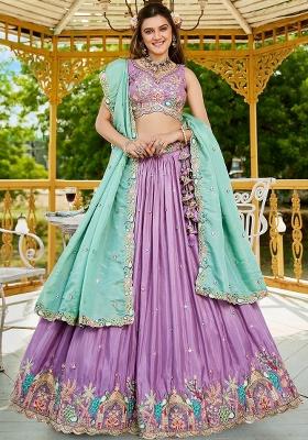 Lavender Sequin Embroidered Satin Lehenga Set With Dupatta