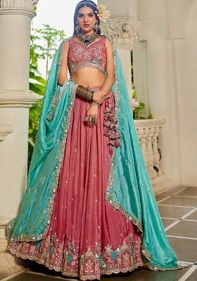Pink Sequin Embroidered Satin Lehenga Set With Dupatta