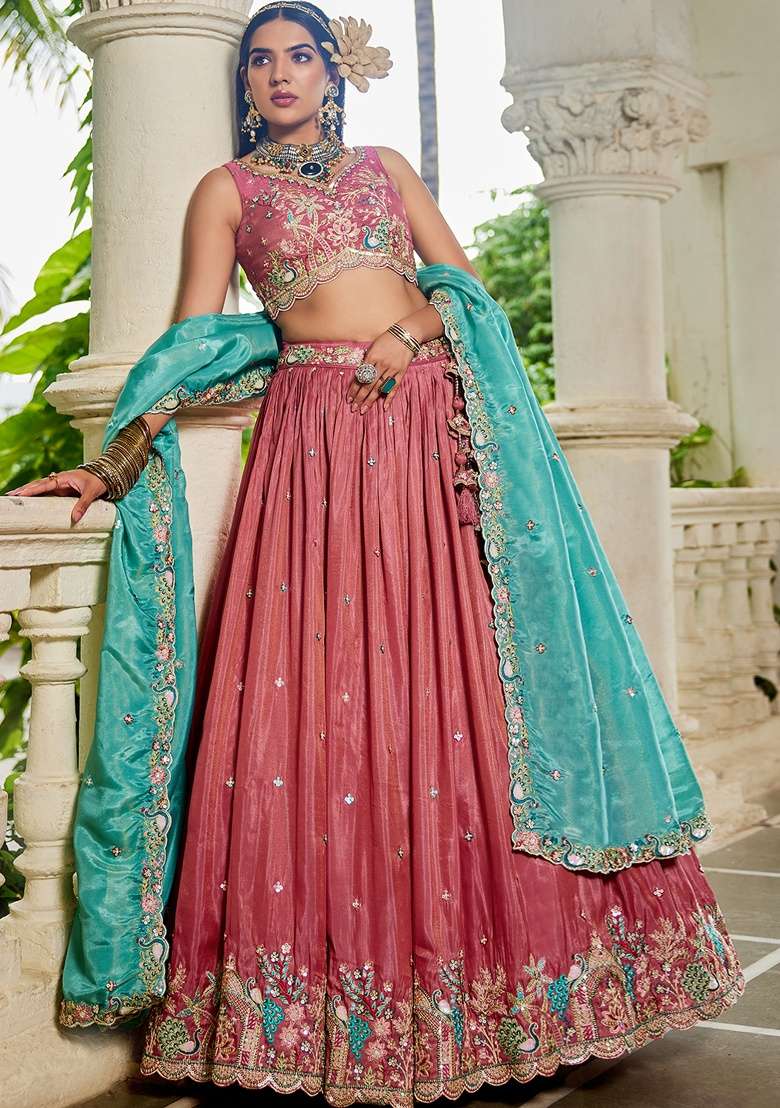 Pink Sequin Embroidered Satin Lehenga Set With Dupatta - Indya