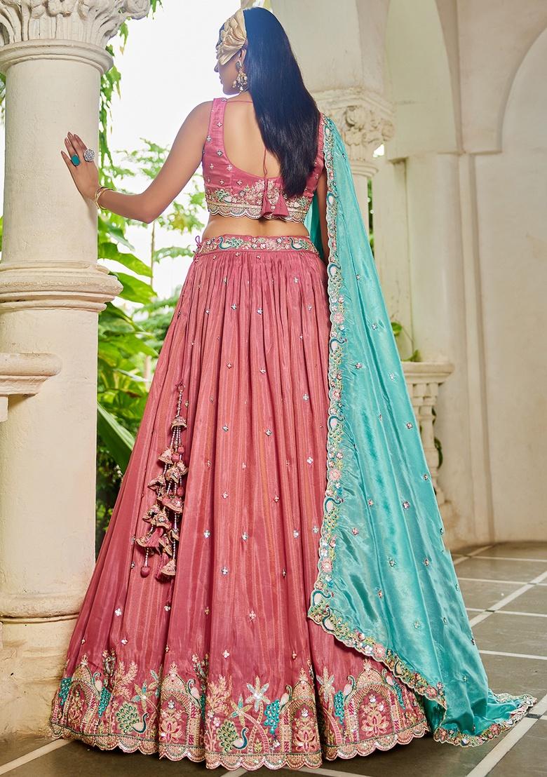 Pink Sequin Embroidered Satin Lehenga Set With Dupatta