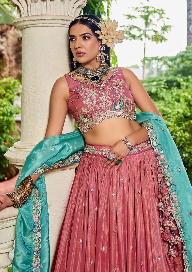 Pink Sequin Embroidered Satin Lehenga Set With Dupatta - Indya