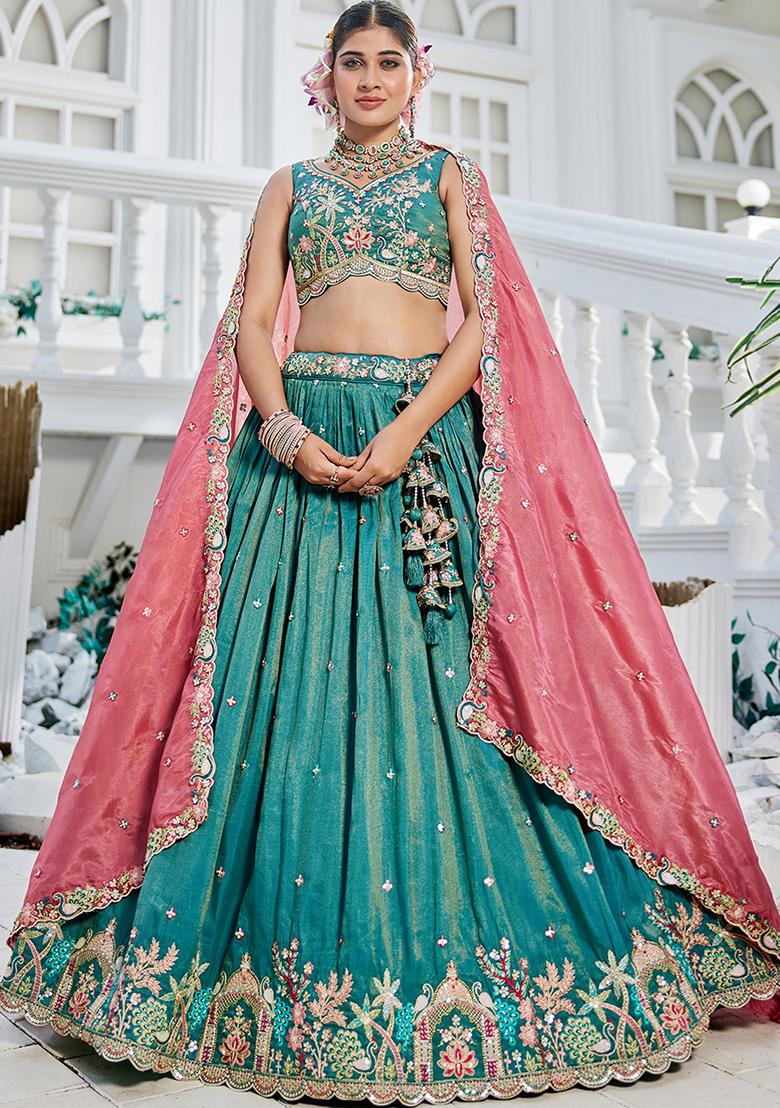 Sea Green Sequin Embroidered Satin Lehenga Set With Dupatta