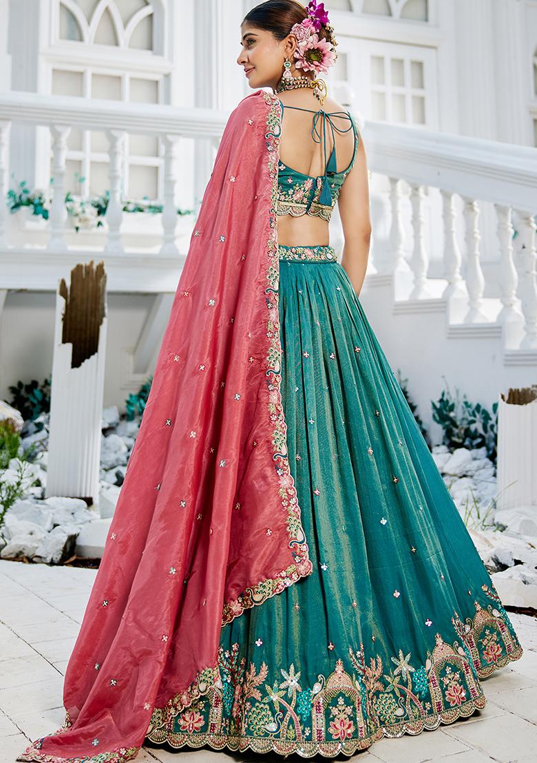 Sea Green Sequin Embroidered Satin Lehenga Set With Dupatta