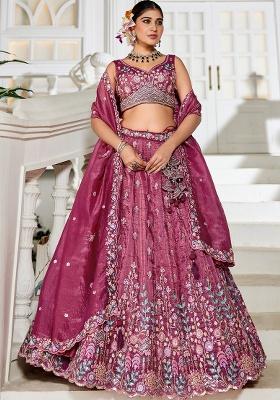 Burgundy Sequin Embroidered Tissue Lehenga Set With Dupatta