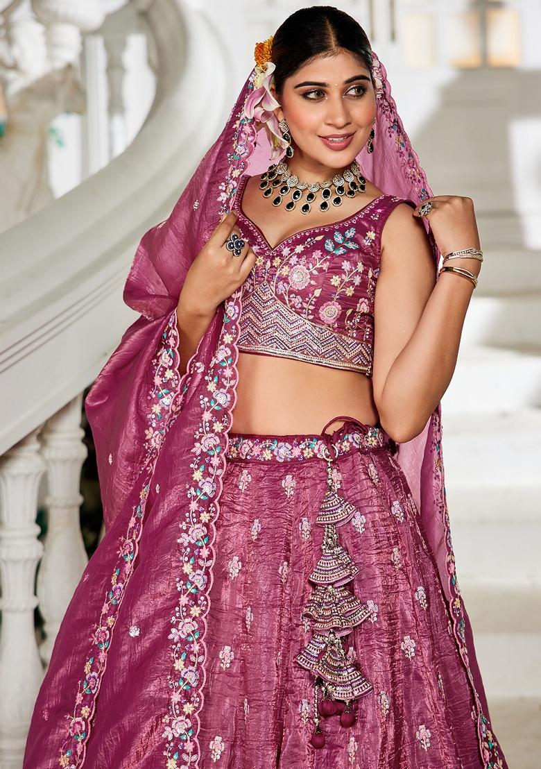 Burgundy Sequin Embroidered Tissue Lehenga Set With Dupatta