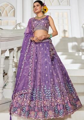 Purple Sequin Embroidered Tissue Lehenga Set With Dupatta