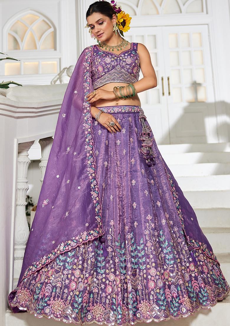 Purple Sequin Embroidered Tissue Lehenga Set With Dupatta