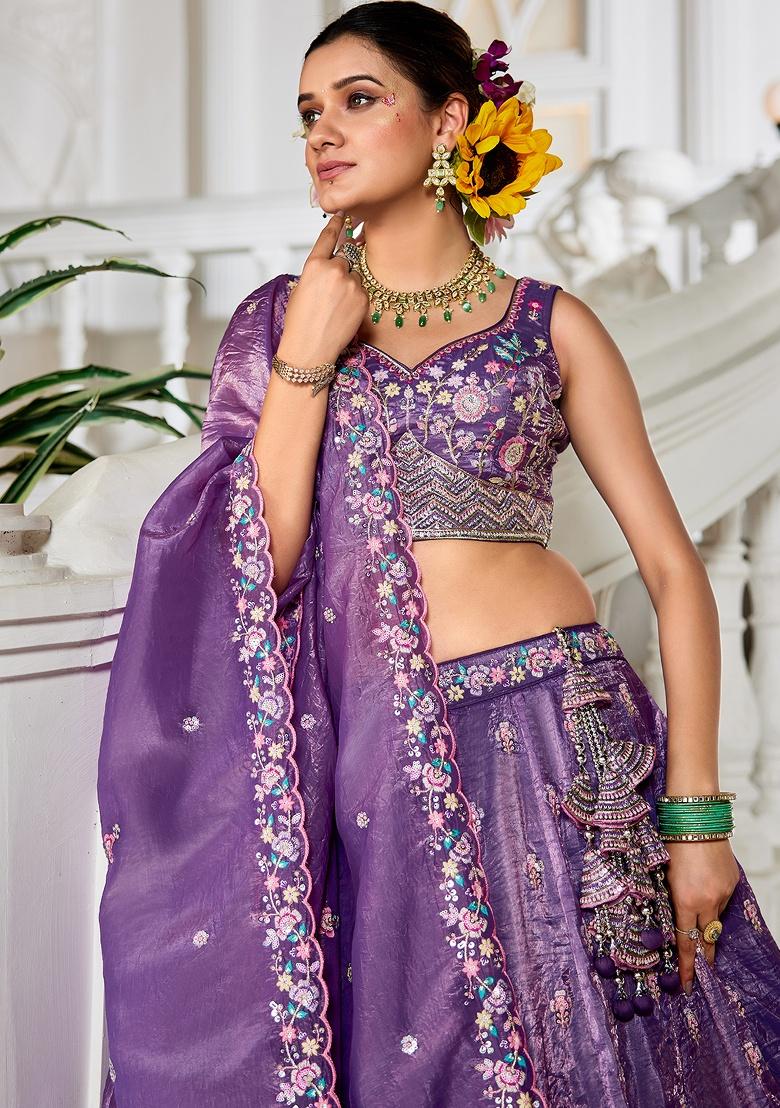 Purple Sequin Embroidered Tissue Lehenga Set With Dupatta