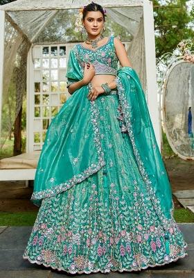 Sea Green Sequin Embroidered Tissue Lehenga Set With Dupatta
