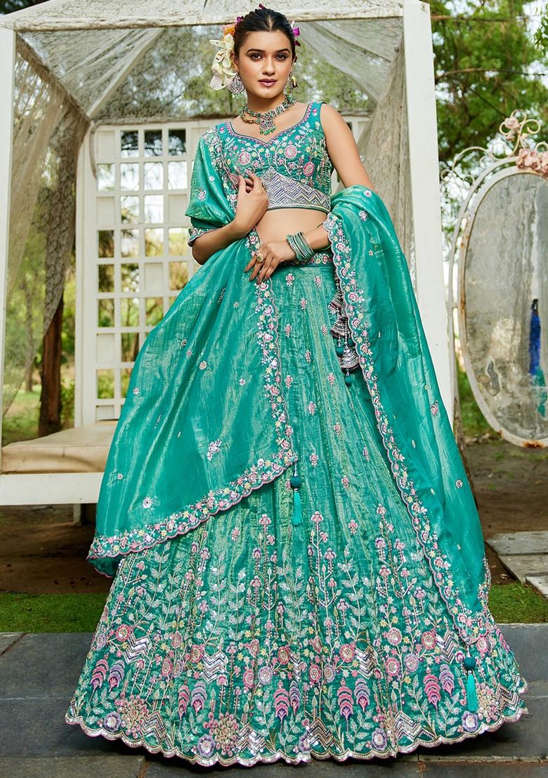Sea Green Sequin Embroidered Tissue Lehenga Set With Dupatta
