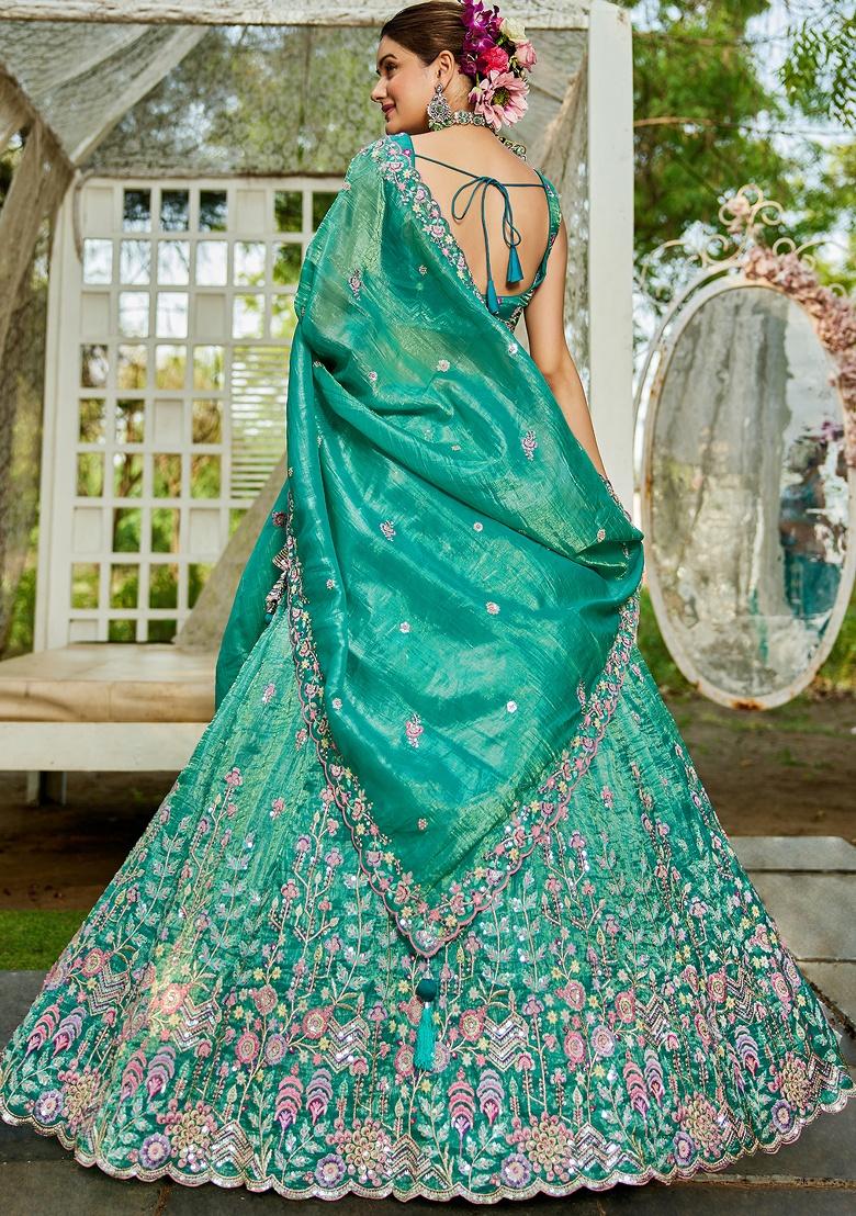 Sea Green Sequin Embroidered Tissue Lehenga Set With Dupatta