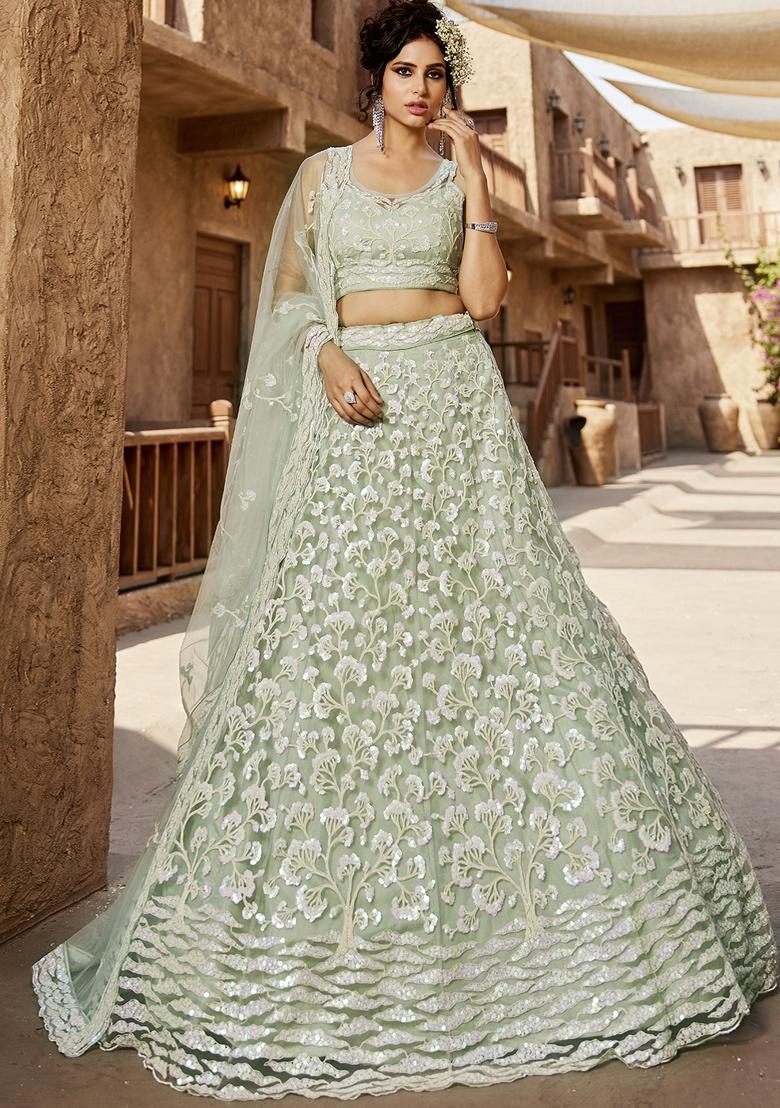 Lime Green Sequin Embroidered Net Lehenga Set With Dupatta