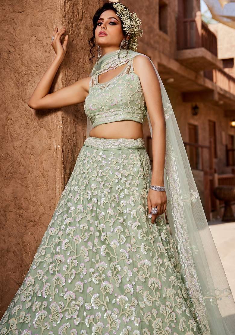 Lime Green Sequin Embroidered Net Lehenga Set With Dupatta - Indya