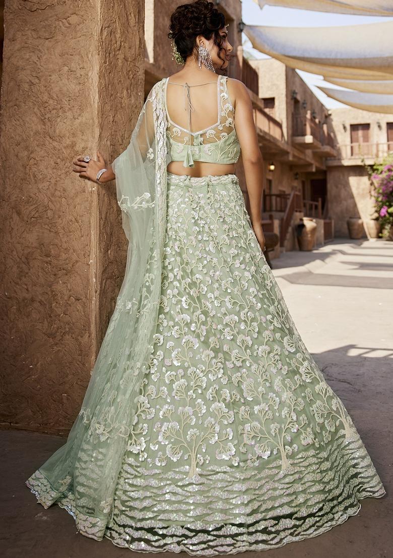 Lime Green Sequin Embroidered Net Lehenga Set With Dupatta
