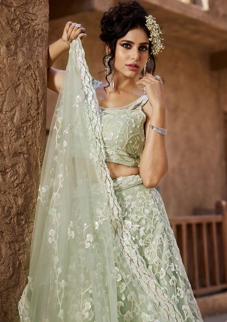 Lime Green Sequin Embroidered Net Lehenga Set With Dupatta - Indya