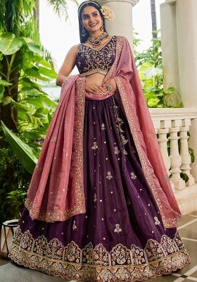 Burgundy Sequin Embroidered Tissue Lehenga Set With Dupatta
