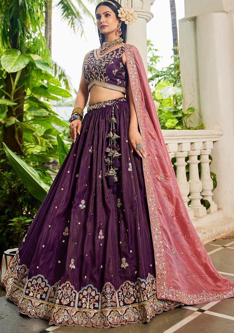 Burgundy Sequin Embroidered Tissue Lehenga Set With Dupatta