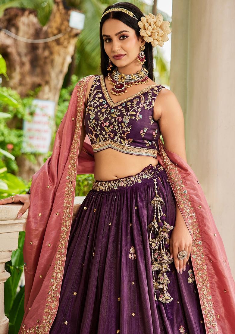 Burgundy Sequin Embroidered Tissue Lehenga Set With Dupatta