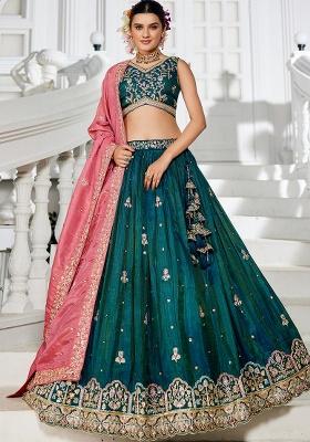 Teal Sequin Embroidered Tissue Lehenga Set With Dupatta