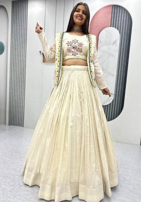Cream Solid Tissue Lehenga Set With Dupatta
