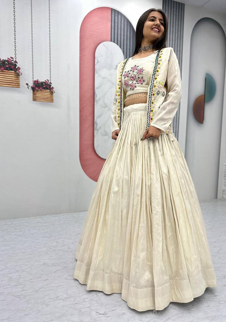 Cream Solid Tissue Lehenga Set With Dupatta