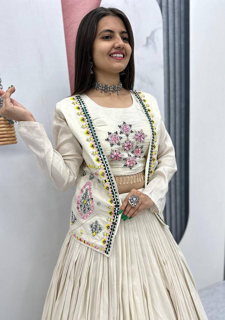 Cream Solid Tissue Lehenga Set With Dupatta