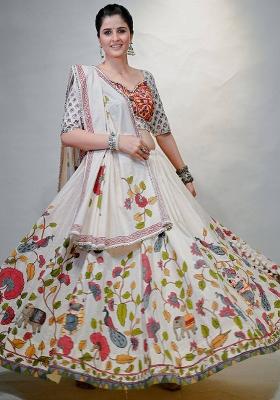White Printed Cotton Lehenga Set With Dupatta