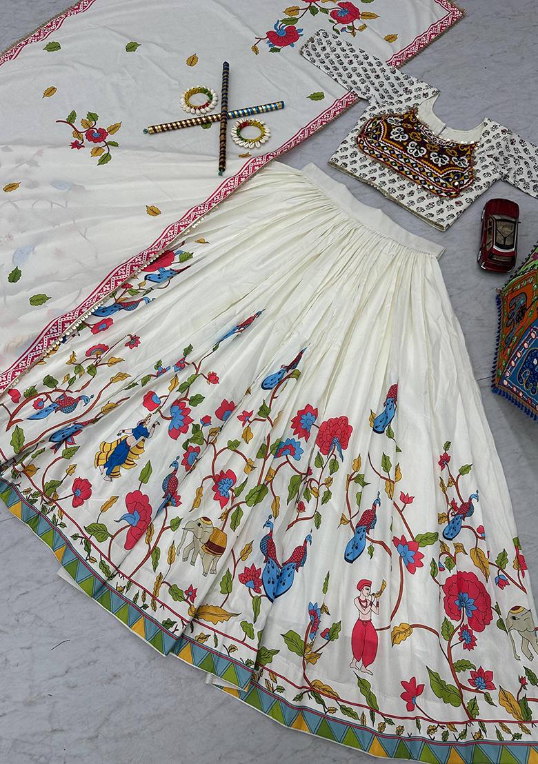 White Printed Cotton Lehenga Set With Dupatta