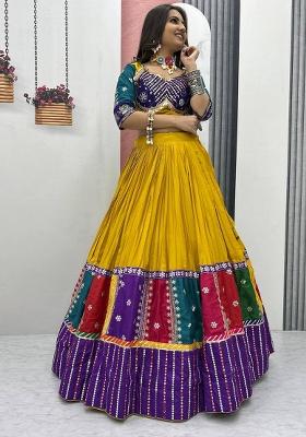 Multicolor Embroidererd Cotton Lehenga Set With Dupatta