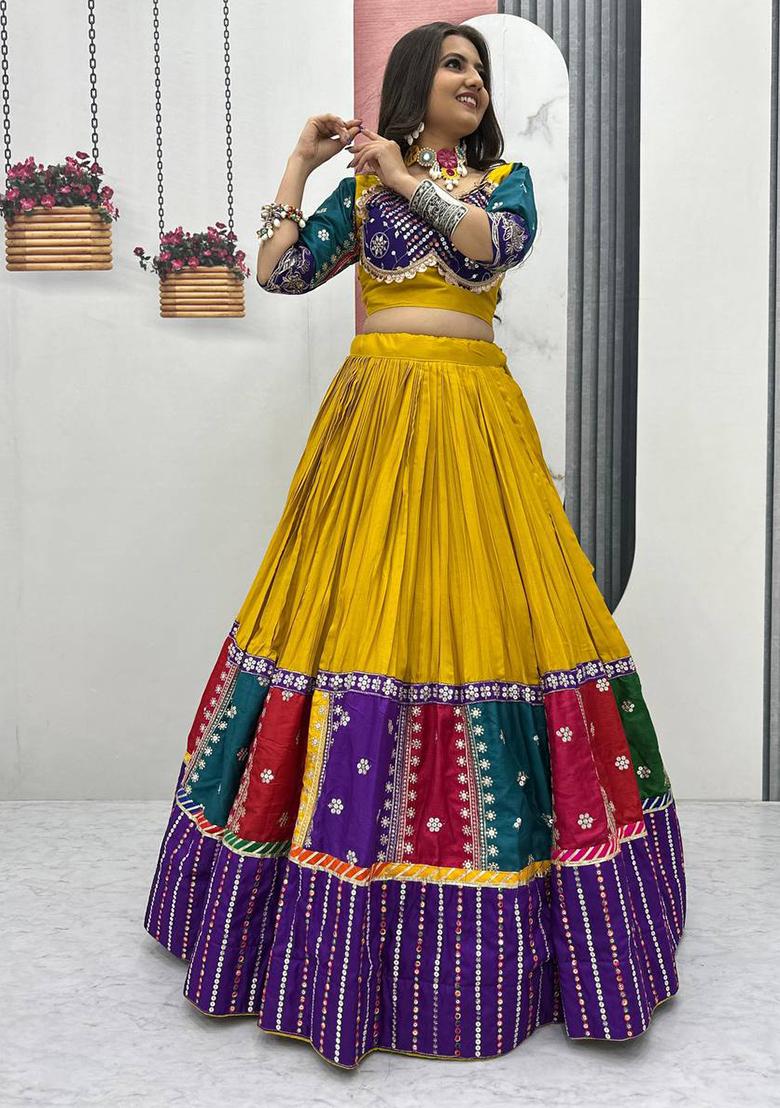 Multicolor Embroidererd Cotton Lehenga Set With Dupatta