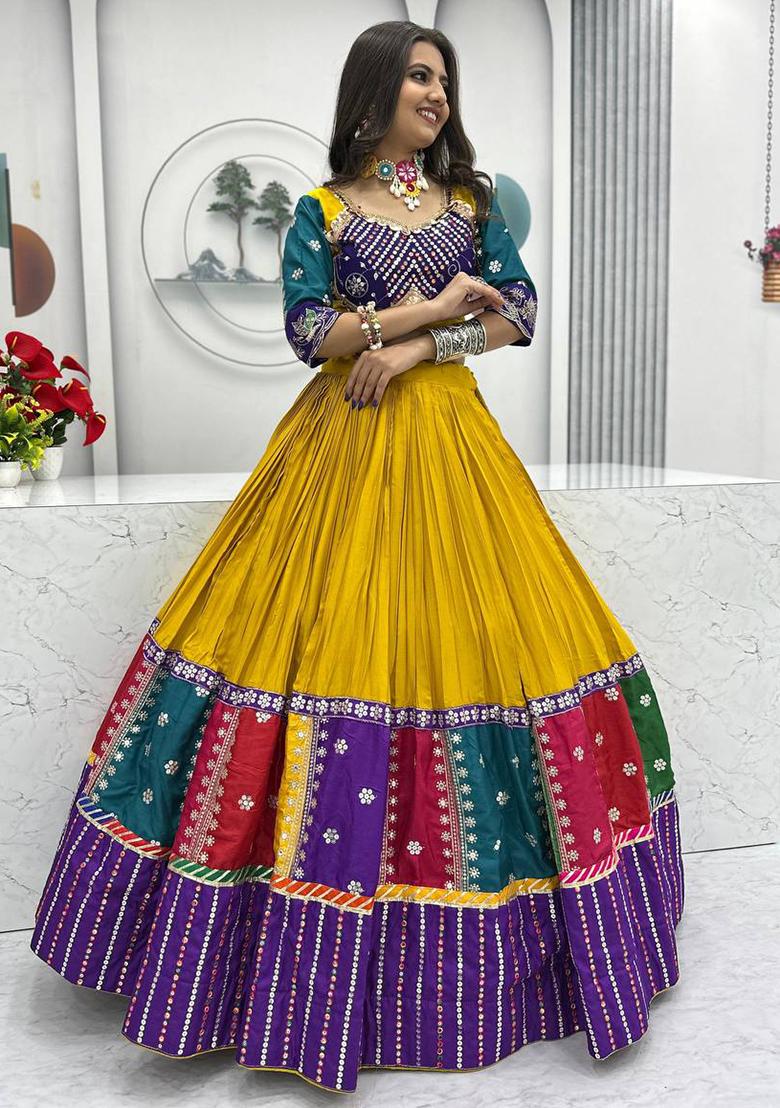 Multicolor Embroidererd Cotton Lehenga Set With Dupatta