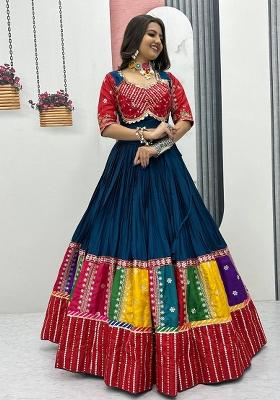 Multicolor Embroidererd Cotton Lehenga Set With Dupatta