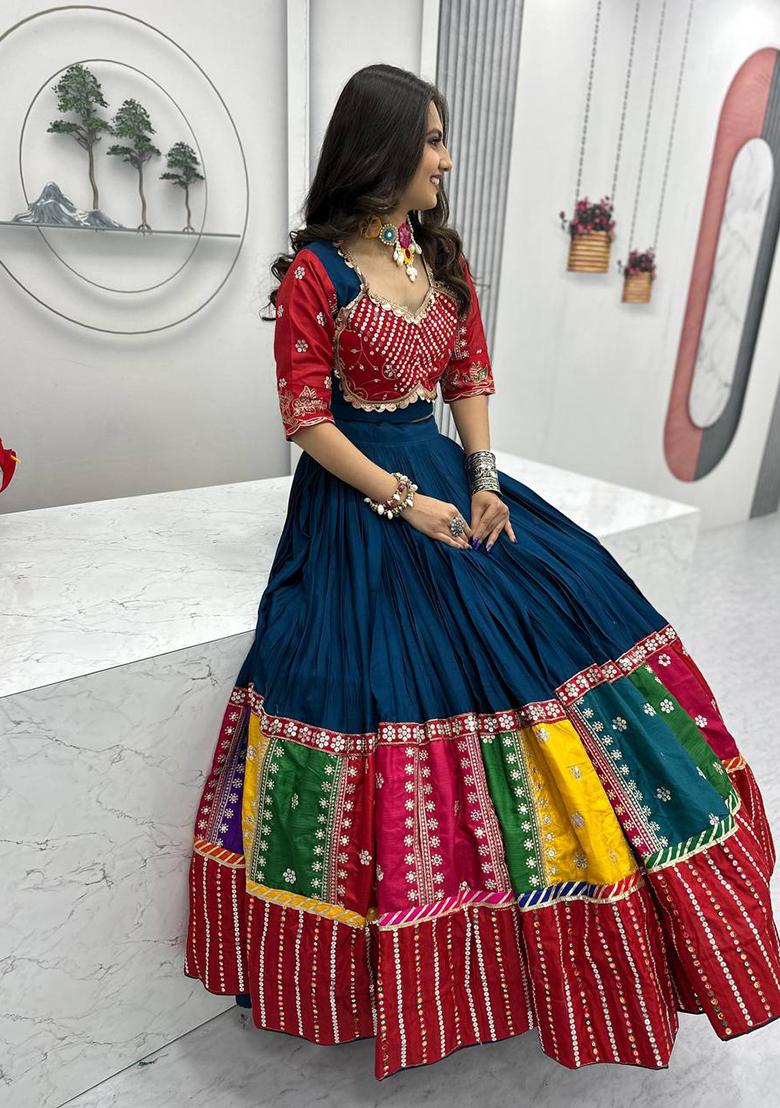 Multicolor Embroidererd Cotton Lehenga Set With Dupatta