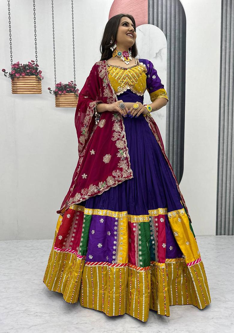 Multicolor Embroidererd Cotton Lehenga Set With Dupatta