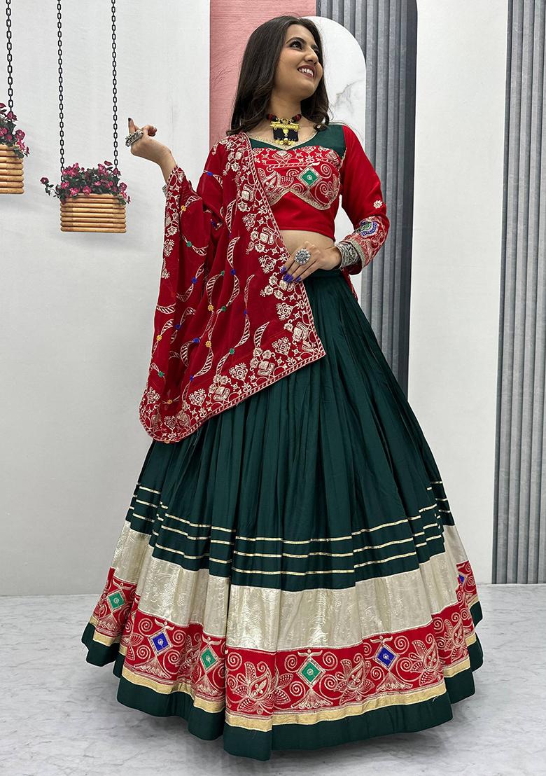 Multicolor Embroidererd Cotton Lehenga Set With Dupatta