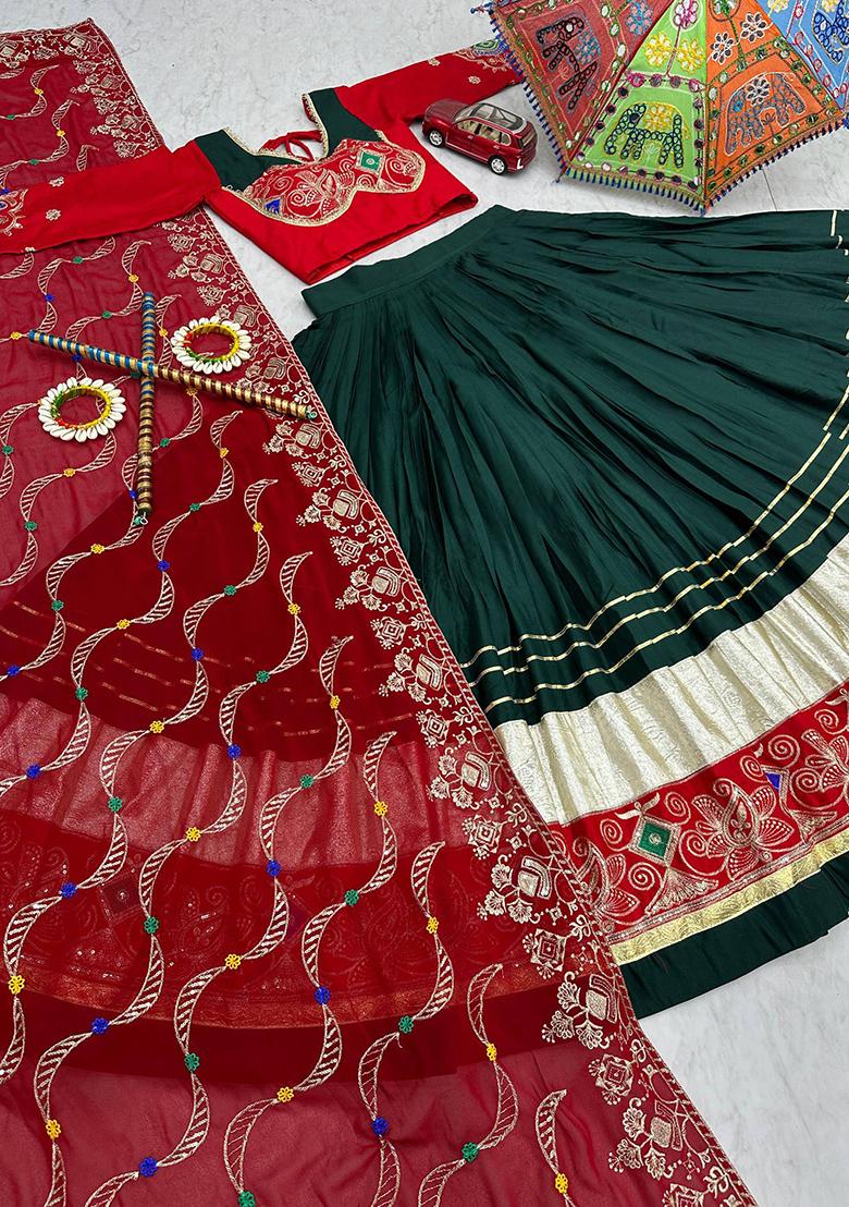 Multicolor Embroidererd Cotton Lehenga Set With Dupatta