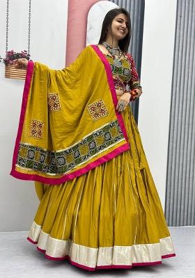 Mustard Yellow Embroidererd Cotton Lehenga Set With Dupatta