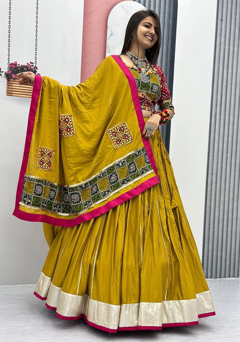 Mustard Yellow Embroidererd Cotton Lehenga Set With Dupatta