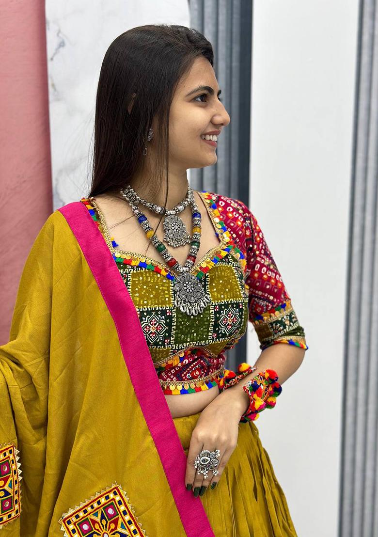 Mustard Yellow Embroidererd Cotton Lehenga Set With Dupatta