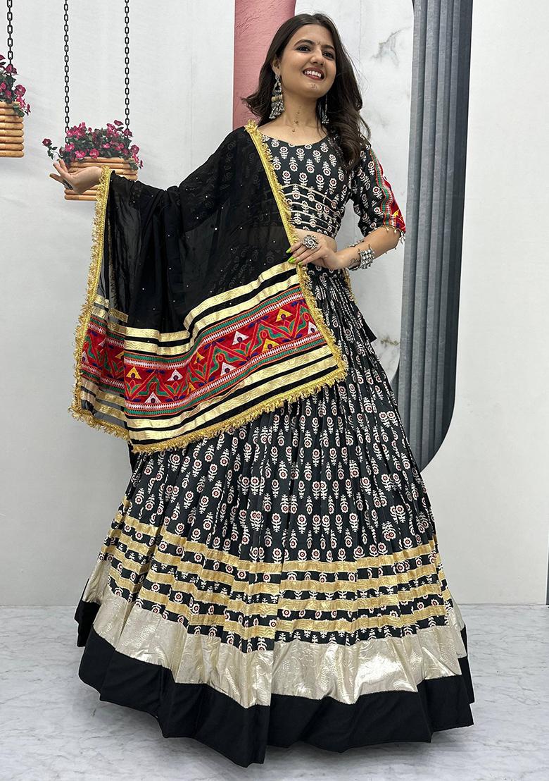 Black Embroidererd Cotton Lehenga Set With Dupatta
