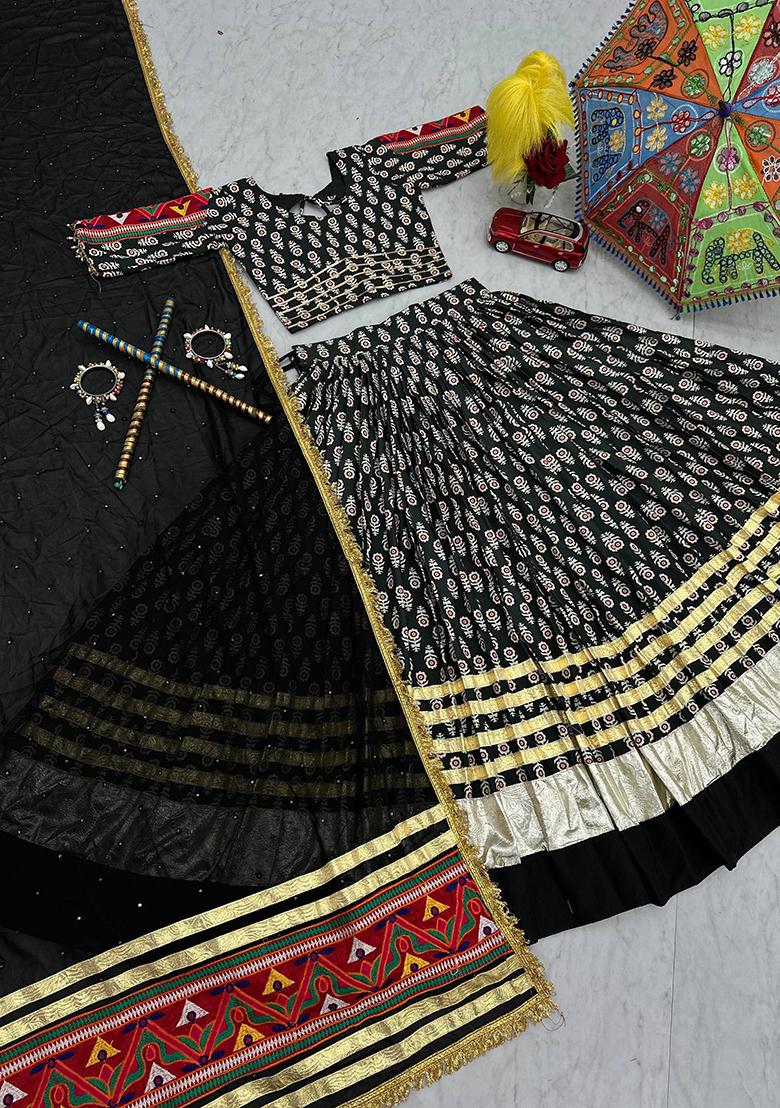 Black Embroidererd Cotton Lehenga Set With Dupatta