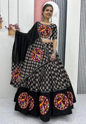 Black Embroidererd Cotton Lehenga Set With Dupatta