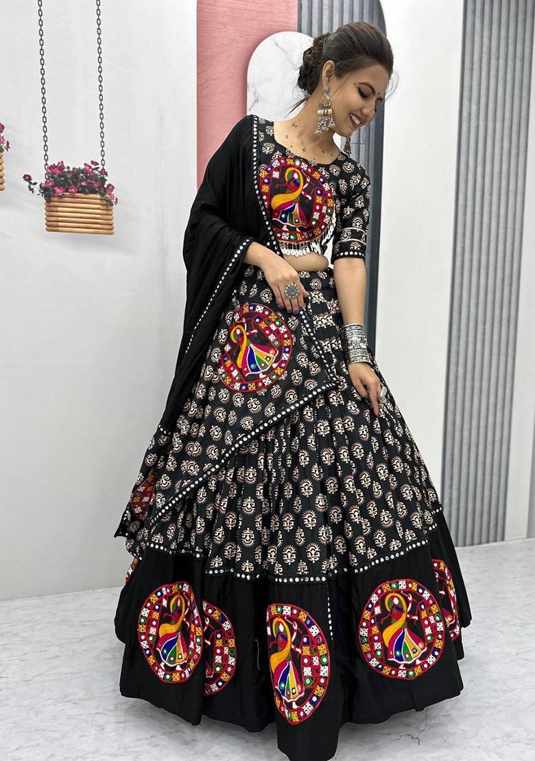 Black Embroidererd Cotton Lehenga Set With Dupatta