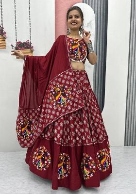 Red Embroidererd Cotton Lehenga Set With Dupatta